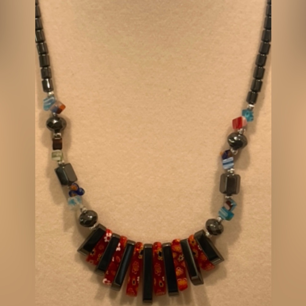 Artisan Red and Blue Hematite Beaded Necklace